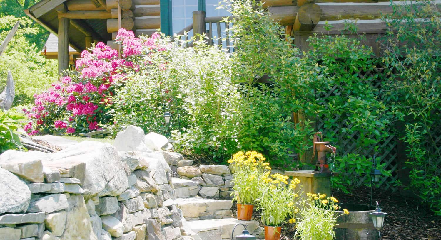 Pretty multi-colored flowers in garden surround a stone stairway. 