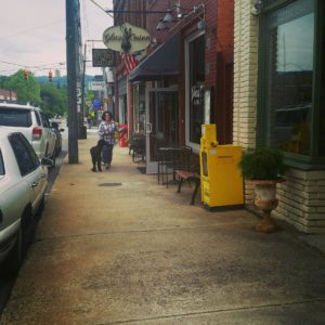 Woman walking Dog down sidewalk in front of brick buildings