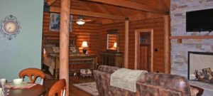 View into room with bed in background, back of couch and part of kitchen table in front. Significant log design seems focus.