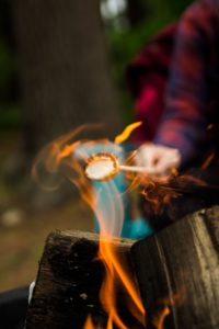 Flames coming up from fat logs in a campfire with a marshmallow on a stick being roasted. Arm in red shirt visible holding stick.