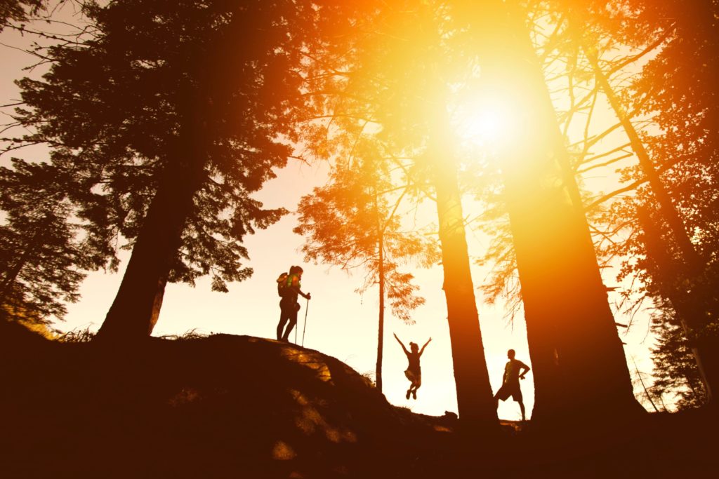 Distance, from below shot. Three people silhouetted hiking on trail at sunset. One jumping joyfully. One holding walking stick.