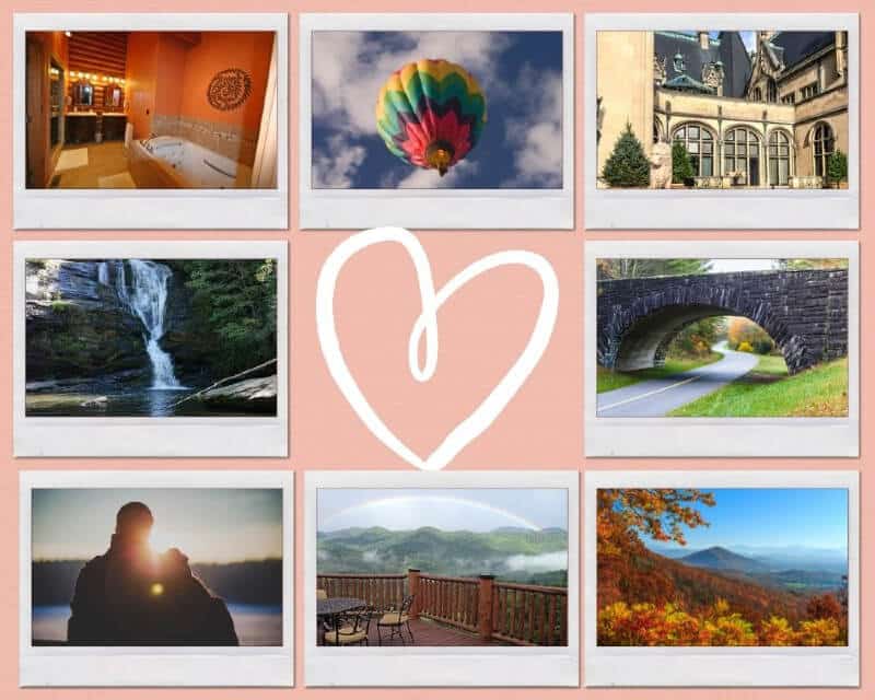 Collage of romantic things to do in Asheville, NC - ballloonng, hiking, waterfalls, road trip