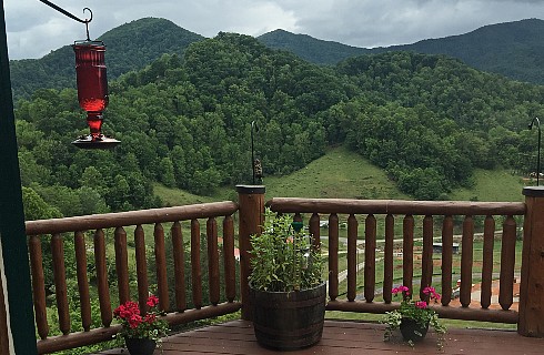 Wide view of green tree covered hills and mountain range in background from large wooden deck with red bird feeder