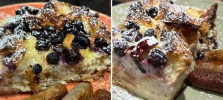 two views of blueberry studded French Toast with sausage links