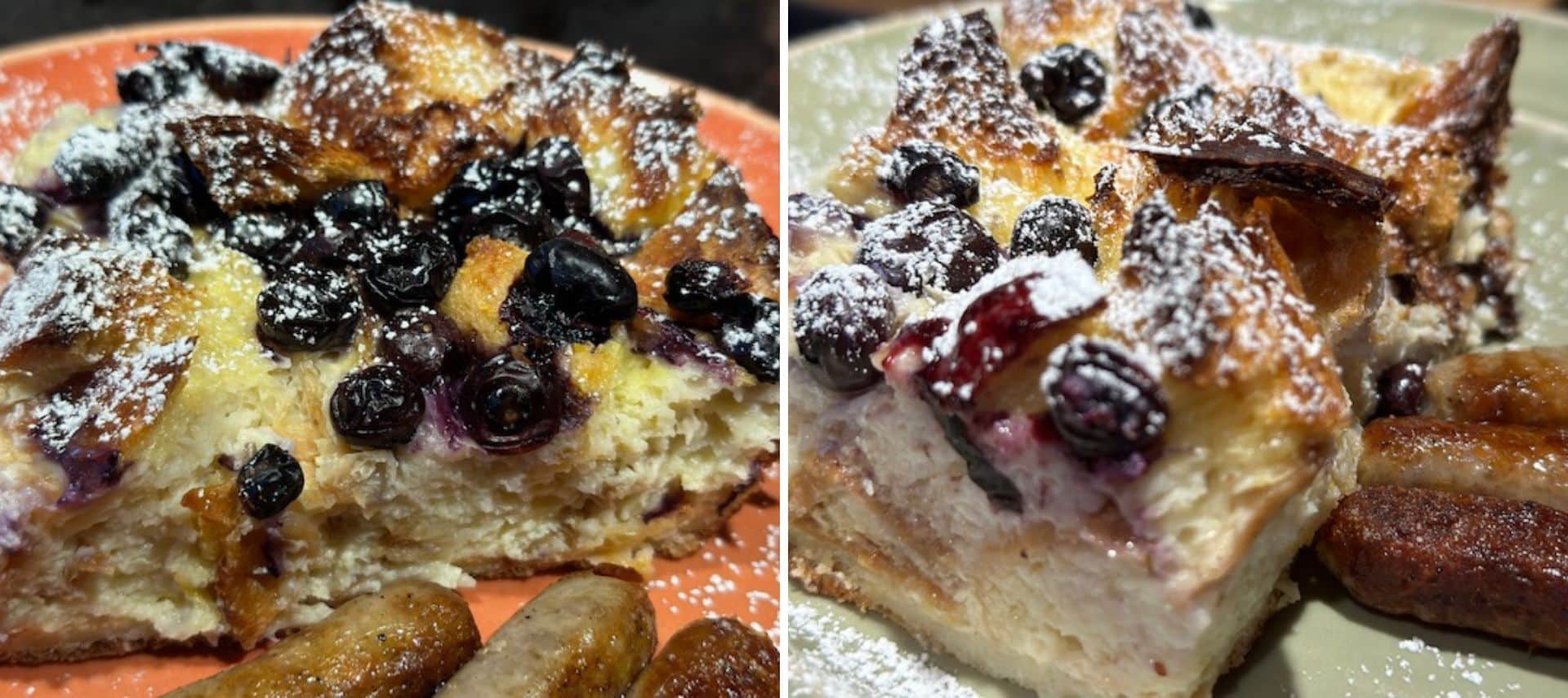 two views of blueberry studded French Toast with sausage links